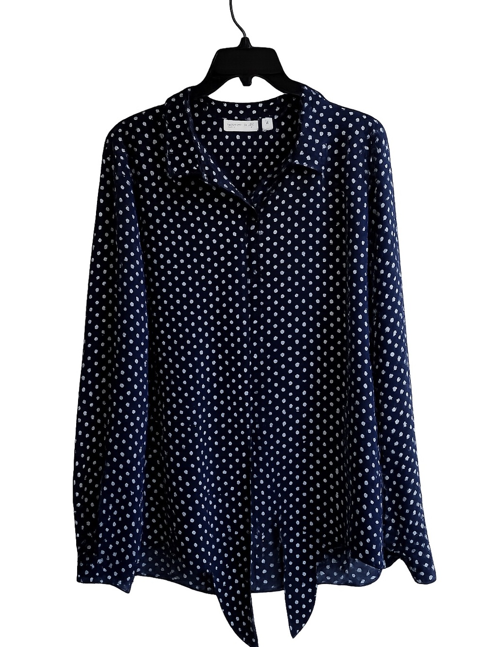 Susan Graver Navy and White Polka Dot Button-Down Blouse